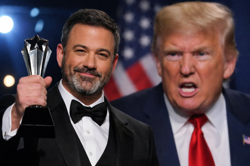 Jimmy Kimmel recibe su premio en los Critics Choice Awards con una imagen de Donald Trump molesto al fondo