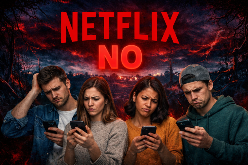 Personas revisan su celular con gesto de duda frente al Upside Down de Stranger Things y un mensaje de Netflix en negativo