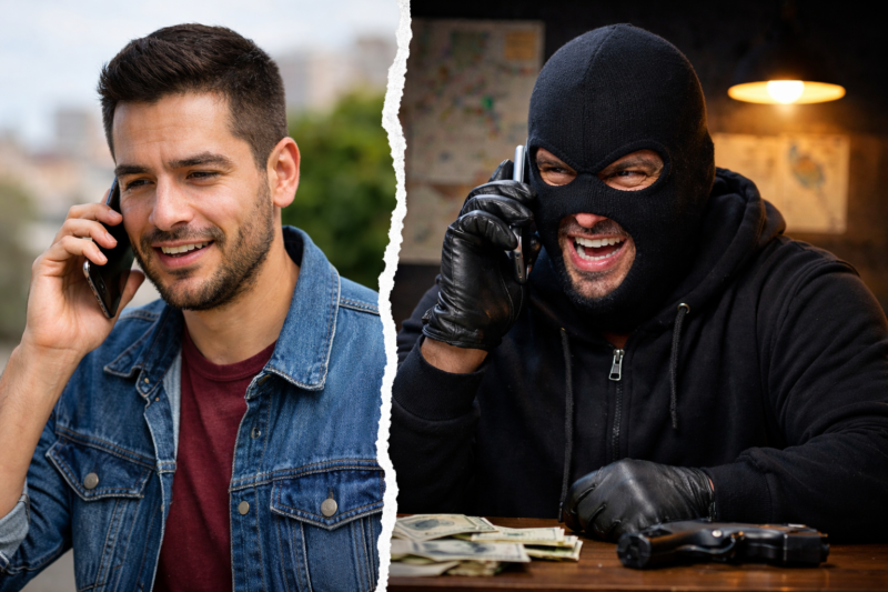 persona recibiendo llamada telefónica dividida en contraste con extorsionador encapuchado usando celular